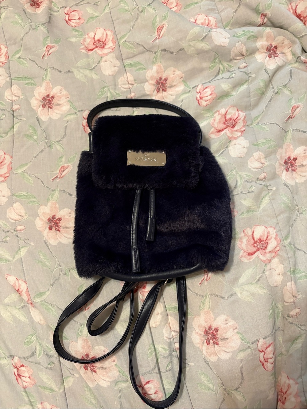 Swarovski Black Faux Fur Mini Backpack with Silver Logo Plaque